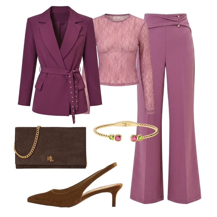 Outfit donna - Cerimonia d'autunno. Stile Chic per Cerimonia. Abbinamento con décolleté, borse a tracolla, braccialetti, blazer, pantaloni a palazzo, top.