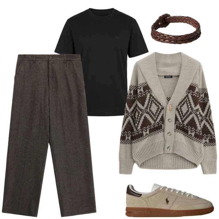 Outfit uomo - Aperitivo dopo il lavoro. Stile Business/Elegante per Serata speciale. Abbinamento con t-shirt, pantaloni, cardigans, sneakers, braccialetti.