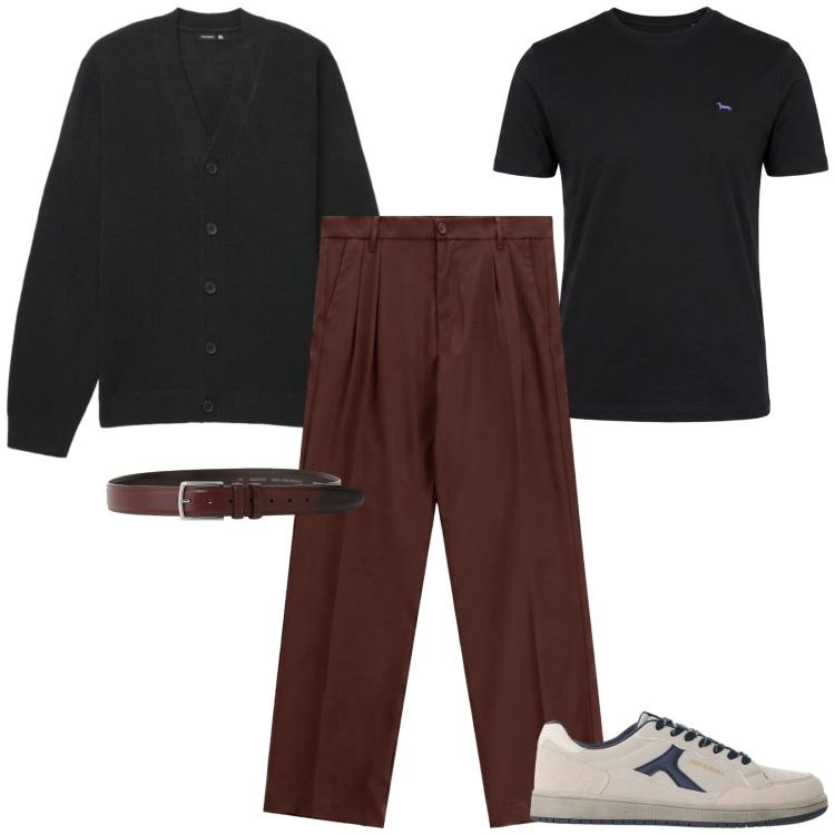 Outfit uomo - Aperitivo informale. Stile Trendy per Serata speciale. Abbinamento con t-shirt, cinture, pantaloni, sneakers, cardigans.