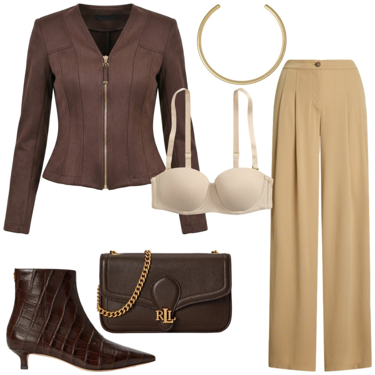 Outfit donna - Look ricercato e d \'effetto. Stile Chic per Serata fuori. Abbinamento con blazer, pantaloni, reggiseni, collane, stivaletti, borse a tracolla.