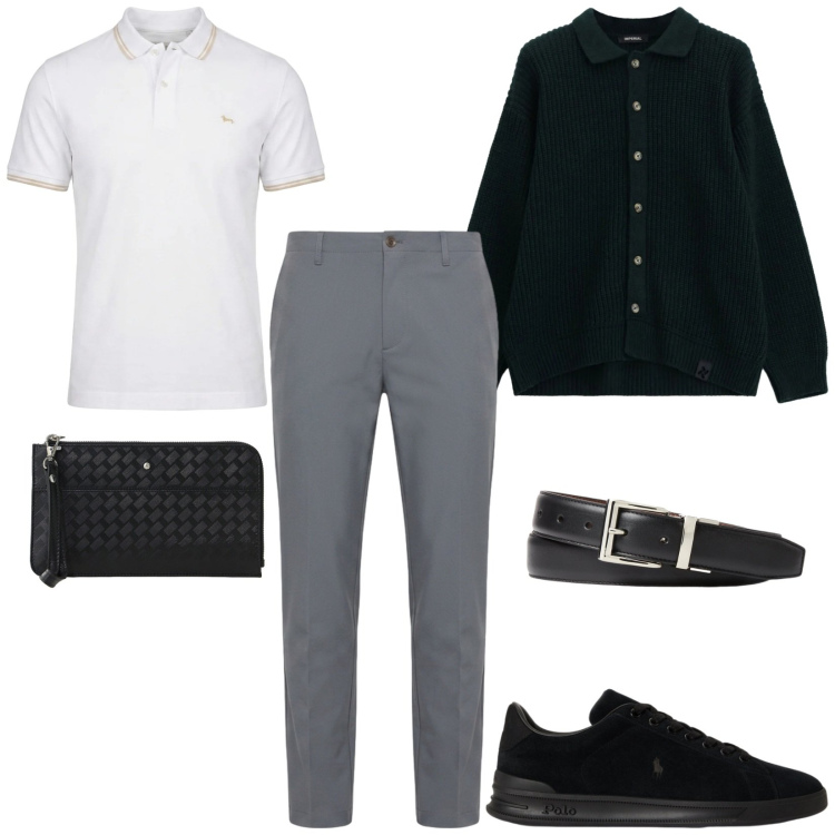 Outfit uomo - Il cardigan per l'ufficio. Stile Casual per Ufficio. Abbinamento con pantaloni, polo, cardigans, portafogli, cinture, sneakers.