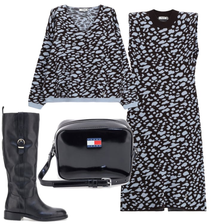 Outfit donna - Completo. Stile Casual per Ufficio. Abbinamento con vestiti midi/longuette, maglieria, stivali, borse a tracolla.