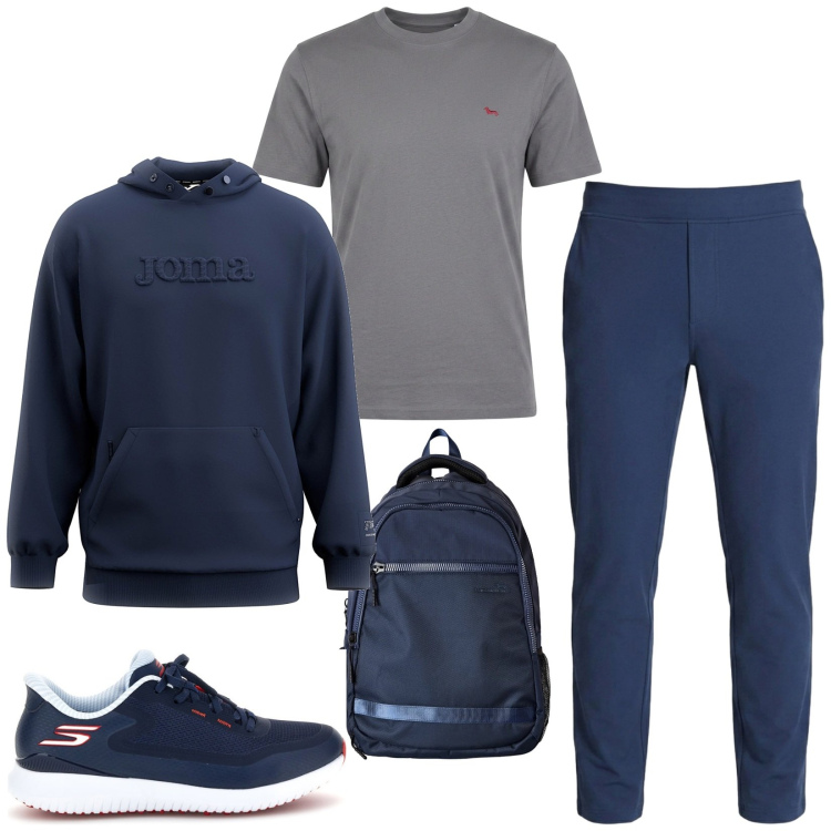 Outfit uomo - Lo stile athleisure. Stile Trendy per Sport. Abbinamento con t-shirt, borse sportive, felpe con cappuccio, sneakers, pantaloni.