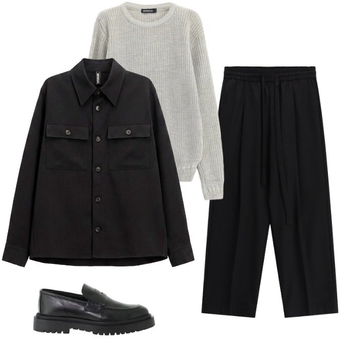 Outfit uomo - Urban Minimalist per l'Ufficio. Stile Trendy per Ufficio. Abbinamento con pantaloni, maglieria, cappotti, scarpe stringate.
