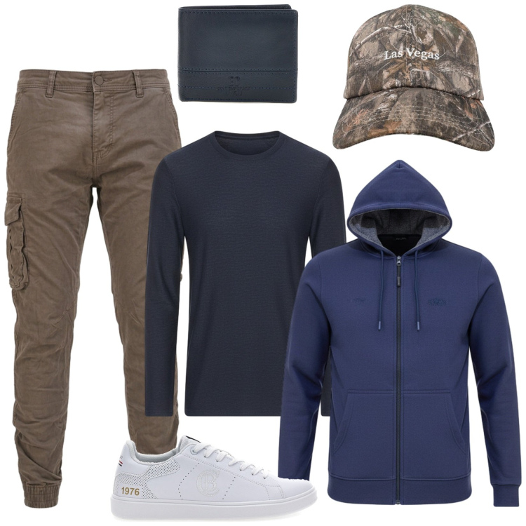 Outfit uomo - Lo stile sportivo per tutti i giorni. Stile Urban per Tutti i giorni. Abbinamento con cappelli con visiera, pantaloni cargo, felpe con cappuccio, sneakers, portafogli, t-shirt.