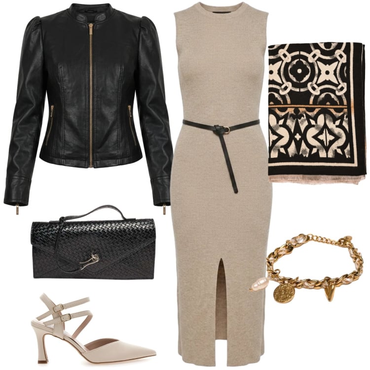 Outfit donna - Total look #2484516. Stile Casual chic per Tutti i giorni. Abbinamento con vestiti midi/longuette, braccialetti, giacche, clutch, sciarpe, décolleté.