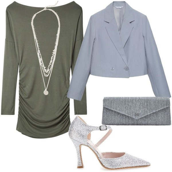 Outfit donna - Spalle importanti. Stile Trendy per Serata fuori. Abbinamento con collane, blazer, vestiti corti, pochette, décolleté.