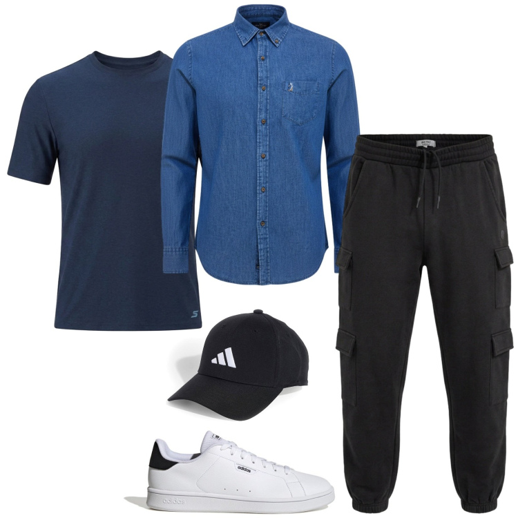 Outfit uomo - Casual sport. Stile Casual per Tutti i giorni. Abbinamento con pantaloni cargo, cappelli con visiera, t-shirt, camicie, sneakers.