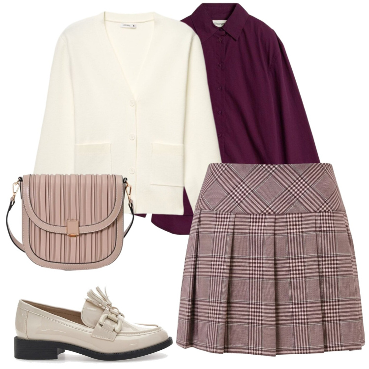 Outfit donna - Mocassini panna. Stile Preppy per Scuola/Università. Abbinamento con borse a tracolla, minigonne, cardigans, mocassini, camicie.