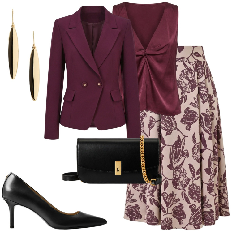 Outfit donna - Vinaccia e fiori. Stile Chic per Cerimonia. Abbinamento con décolleté, clutch, orecchini, gonne longuette, blazer, top.
