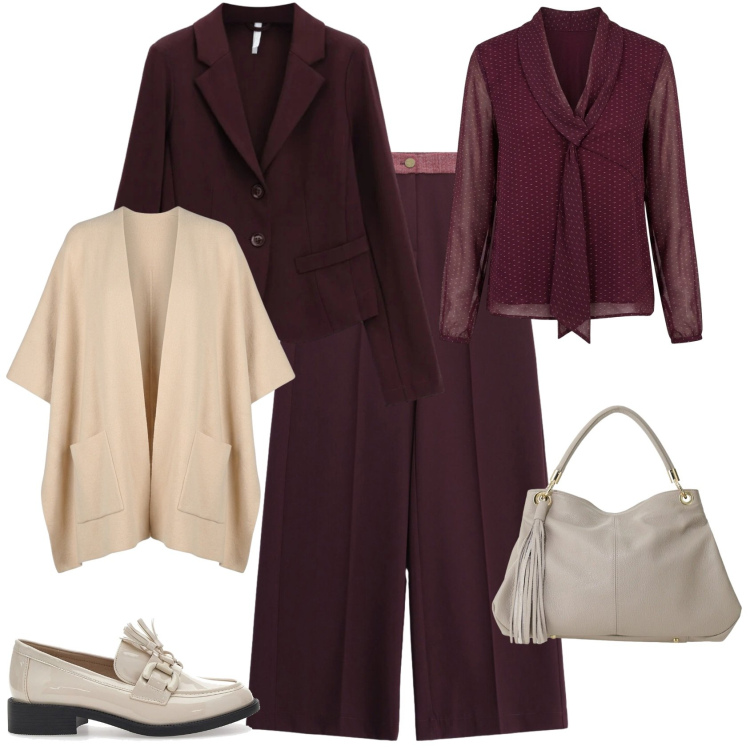 Outfit donna - Minimal chic ufficio tempo libero. Stile Minimal per Ufficio. Abbinamento con pantaloni a palazzo, blazer, borse a spalla, bluse, cappe, mocassini.