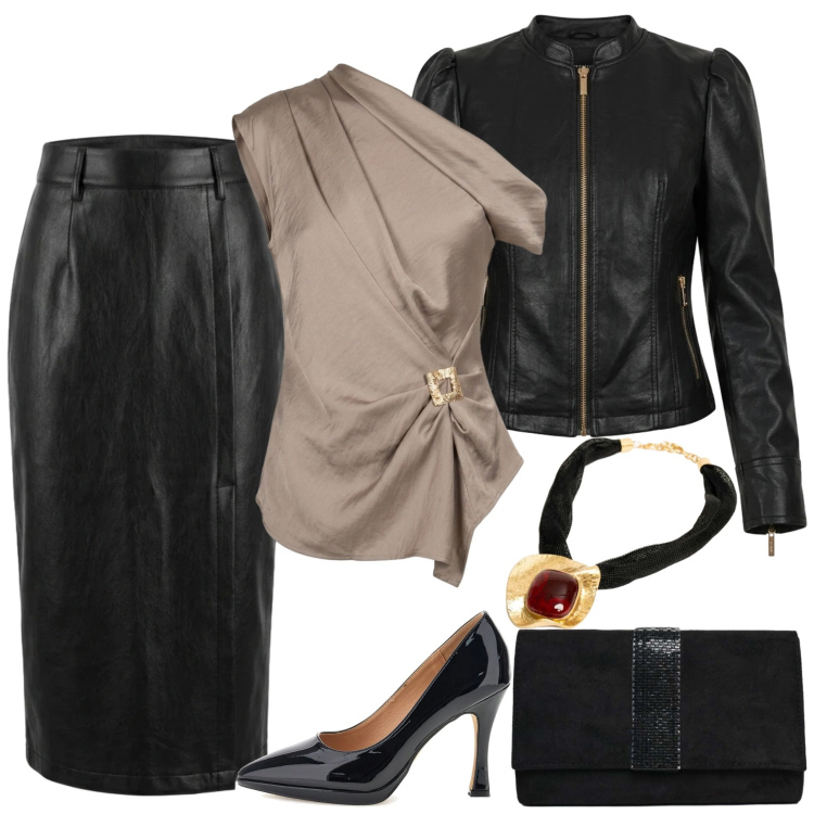 Outfit donna - Pelle e seta per un invito speciale. Stile Sexy per Serata fuori. Abbinamento con clutch, top, gonne longuette, giacche, ciondoli, décolleté.