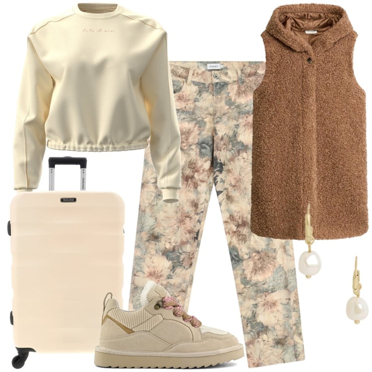 Outfit donna - Si parte al weekend. Stile Casual per Tutti i giorni. Abbinamento con gilet, pantaloni chino, orecchini, sneakers alte, felpe, valigie.