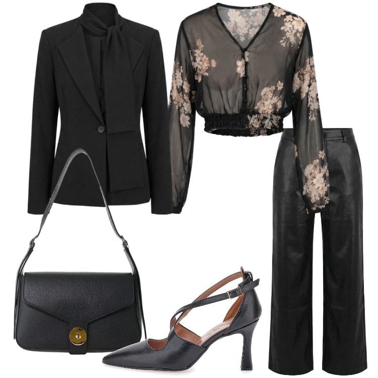 Outfit donna - SOFT LEATHER: Gli opposti si attraggono. Stile Chic per Ufficio. Abbinamento con borse a spalla, top, pantaloni, blazer, décolleté.