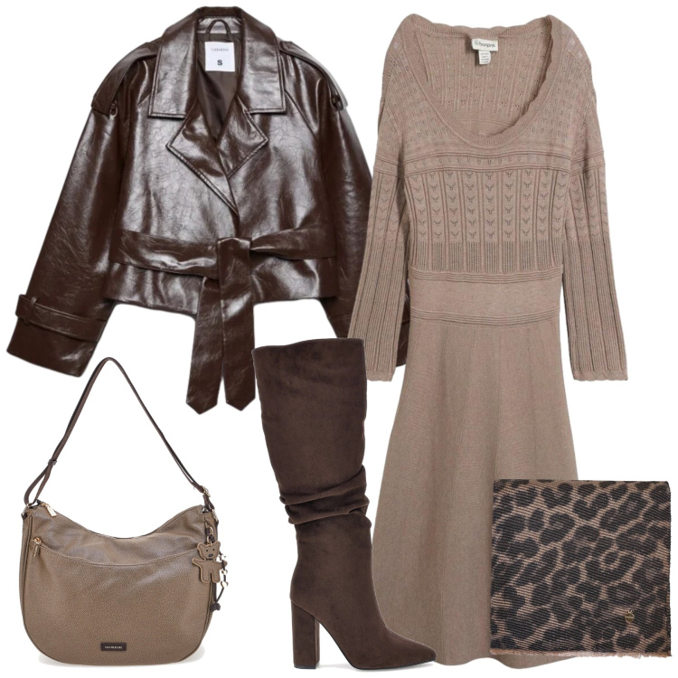 Outfit donna - In città. Stile Casual chic per Tutti i giorni. Abbinamento con sciarpe, trench, vestiti, stivali sopra il ginocchio, borse a spalla.