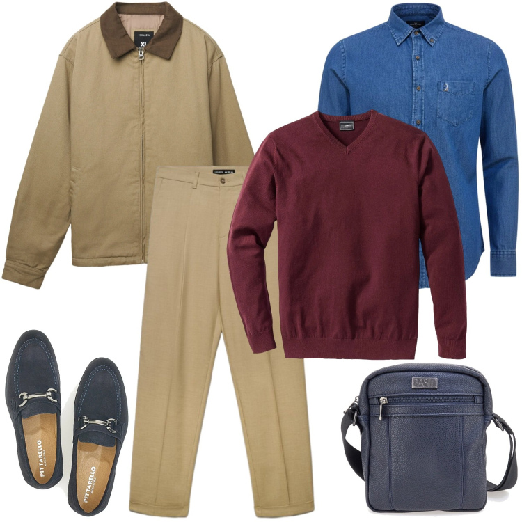 Outfit uomo - Il borsello perfetto per le commissioni. Stile Casual per Tutti i giorni. Abbinamento con pantaloni chino, cappotti, maglieria, scarpe stringate, borse sportive, camicie.