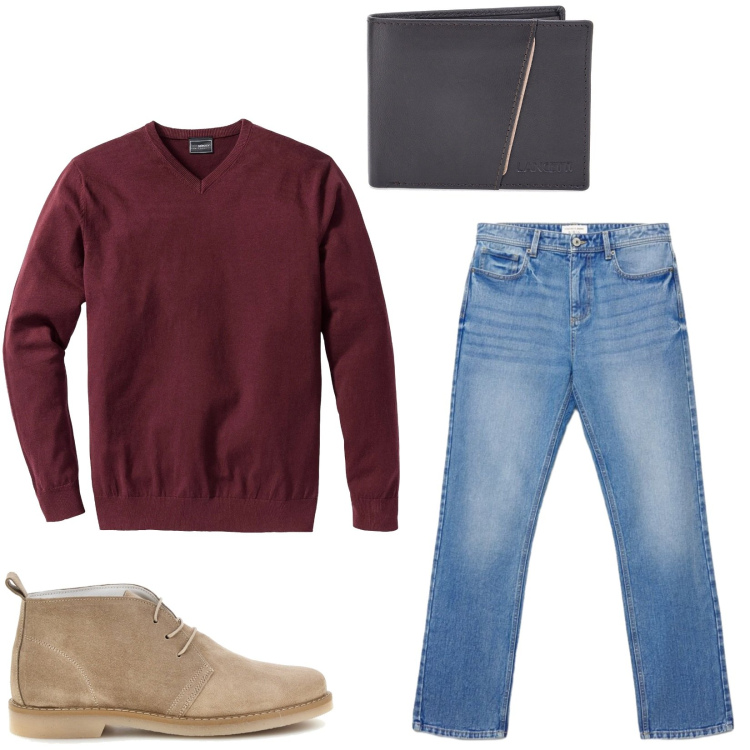 Outfit uomo - Total look #2484556. Stile Casual per Tutti i giorni. Abbinamento con jeans dritti, maglieria, portafogli, stivali e stivaletti.