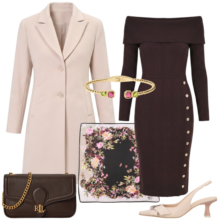 Outfit donna - Pranzo in città. Stile Chic per Tutti i giorni. Abbinamento con borse a tracolla, braccialetti, cappotti, vestiti asimmetrici, décolleté, sciarpe.