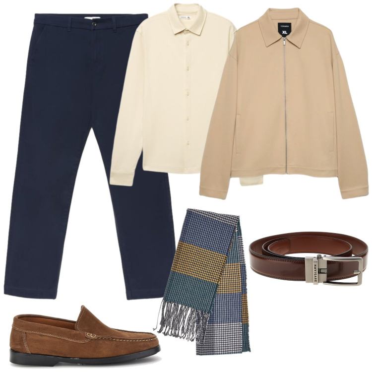 Outfit uomo - Smart casual in ufficio. Stile Urban per Ufficio. Abbinamento con camicie, cappotti, pantaloni chino, sciarpe, scarpe stringate, cinture.