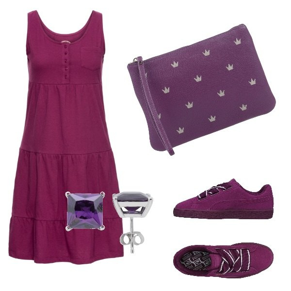 Outfit donna - Sfumature di Viola. Stile Basic per Tutti i giorni. Abbinamento con vestiti corti, sneakers tennis, borsa a mano mini con manico contrasto in pelle martellata con zip tinta unita, orecchini con zirconia in sterling 925 argento.