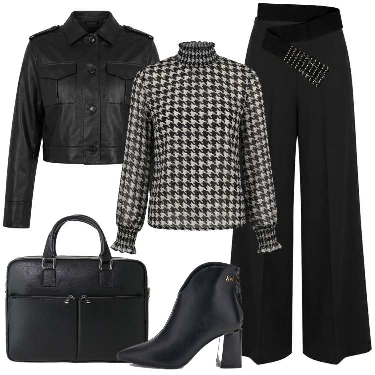 Outfit donna - La blusa di seta ed il giubbotto corto. Stile Trendy per Ufficio. Abbinamento con borse messenger, bluse, bomber, cinture, pantaloni a palazzo, stivaletti.