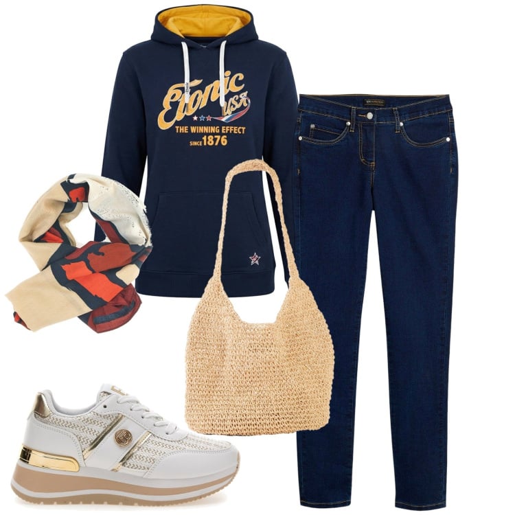 Outfit donna - Sporty. Stile Sporty chic per Tutti i giorni. Abbinamento con jeans slim fit, shopping bag, felpe con cappuccio, sneakers, foulard.
