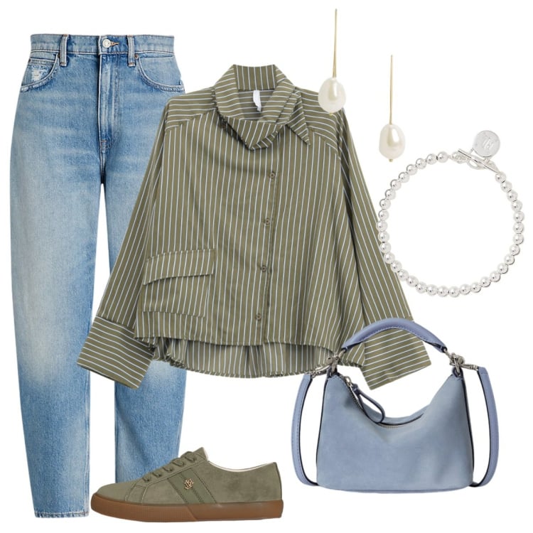 Outfit donna - Colazione con la amiche. Stile Basic per Tutti i giorni. Abbinamento con camicie, braccialetti, sneakers, borse a spalla, jeans, orecchini.
