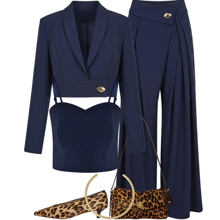 Outfit donna - Chic ma con carattere. Stile Trendy per Cerimonia. Abbinamento con collane, décolleté, borse a spalla, pantaloni a palazzo, blazer, top.