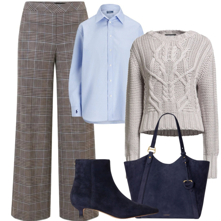 Outfit donna - Pomeriggio con lui. Stile Basic per Serata fuori. Abbinamento con pullovers, pantaloni, borse tote, stivaletti, camicie.