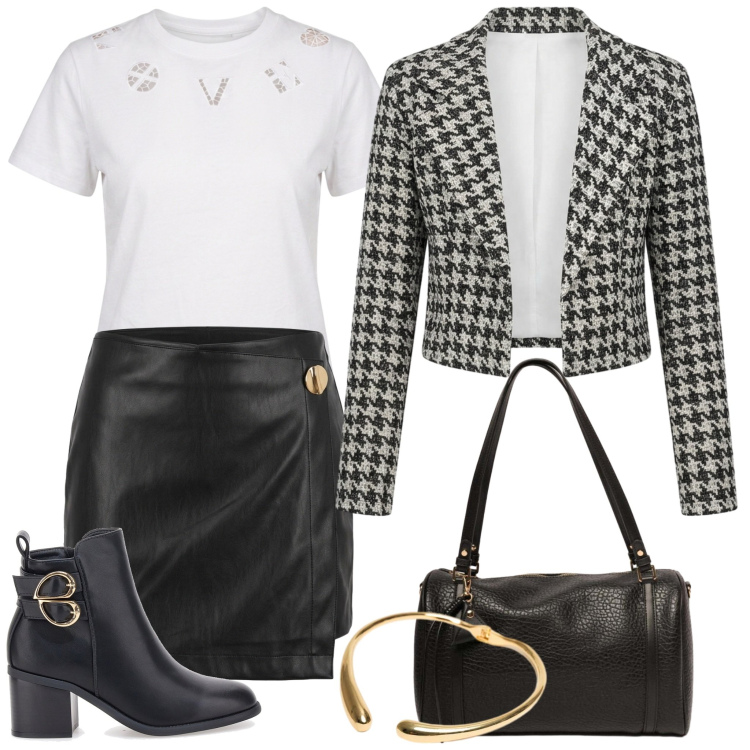 Outfit donna - Aperitivo in centro. Stile Trendy per Serata fuori. Abbinamento con t-shirt, minigonne, blazer, borse a spalla, collane, stivaletti.