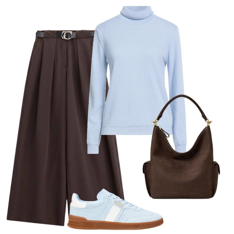 Outfit donna - Azzurro cielo. Stile Basic per Tutti i giorni. Abbinamento con maglieria, pantaloni a palazzo, sneakers, borse a spalla.