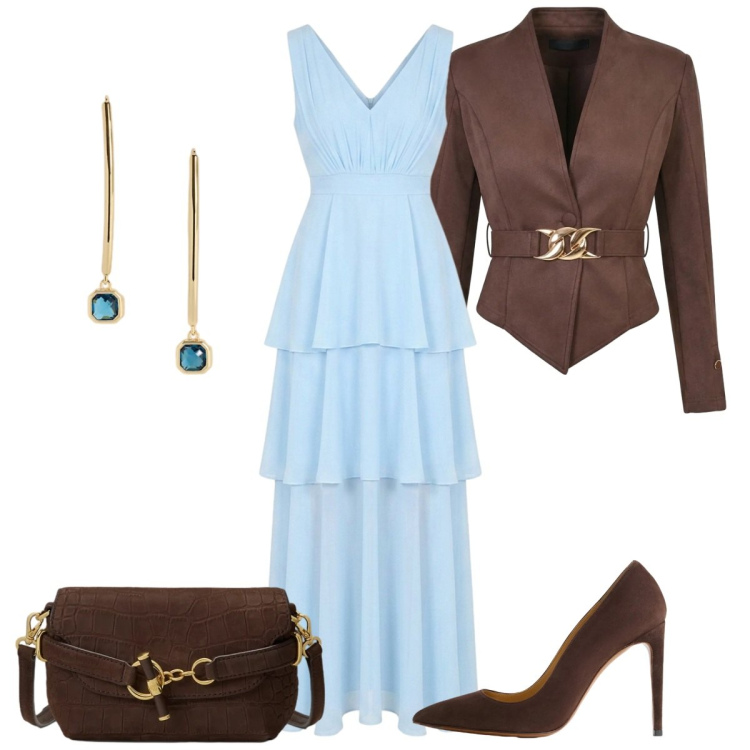 Outfit donna - Azzurro. Stile Basic per Cerimonia. Abbinamento con borse a spalla, décolleté, orecchini, vestiti lunghi, blazer.