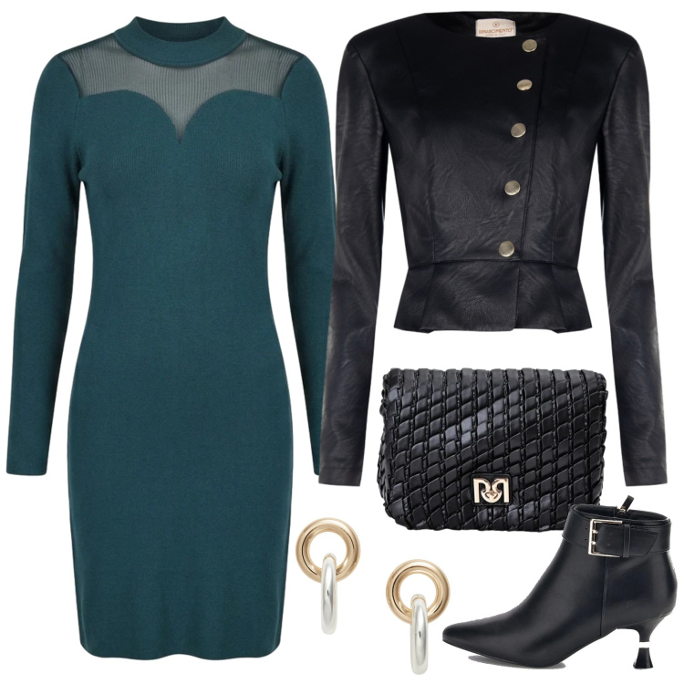 Outfit donna - Aperitivo in galleria. Stile Sexy per Serata fuori. Abbinamento con giacche, borse a tracolla, vestiti, orecchini, stivaletti.