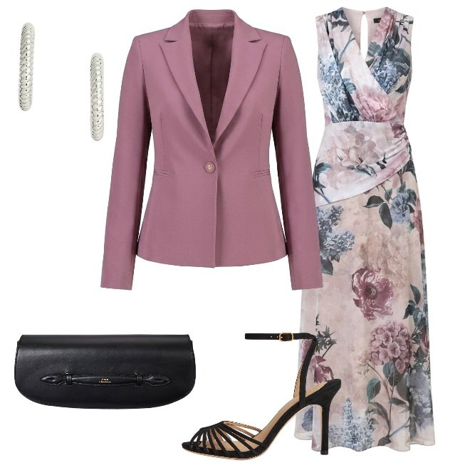 Outfit donna - Abito a fiori. Stile Chic per Cerimonia. Abbinamento con clutch, orecchini, sandali col tacco, vestiti lunghi, blazer.