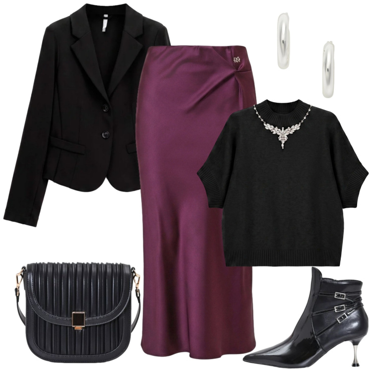 Outfit donna - La gonna satinata e la maglia con strass. Stile Romantica per Serata fuori. Abbinamento con blazer, maglieria, orecchini, stivaletti, gonne longuette, borse a tracolla.