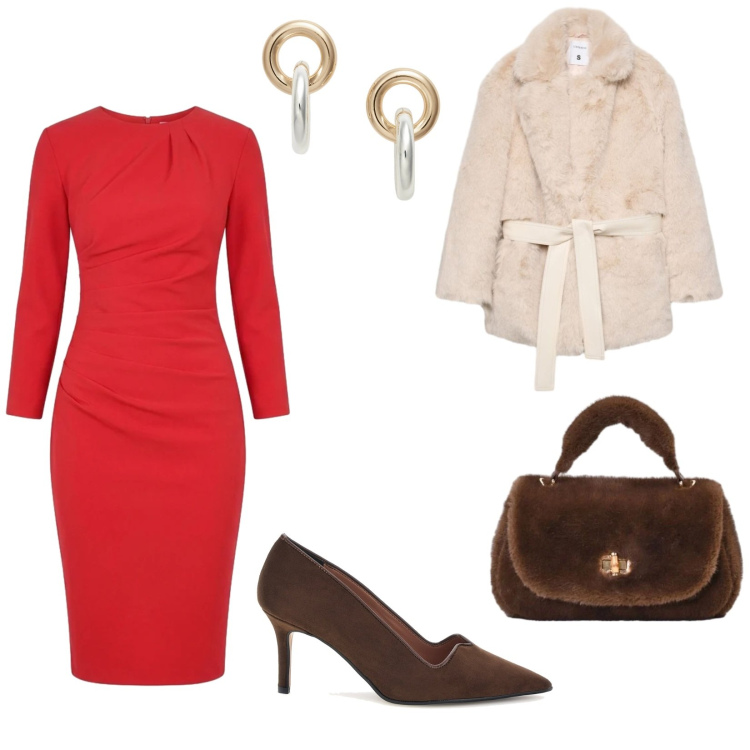 Outfit donna - Sofisticata in rosso e cioccolato. Stile Glamour per Serata fuori. Abbinamento con orecchini, borse a mano, vestiti midi/longuette, cappotti, décolleté.