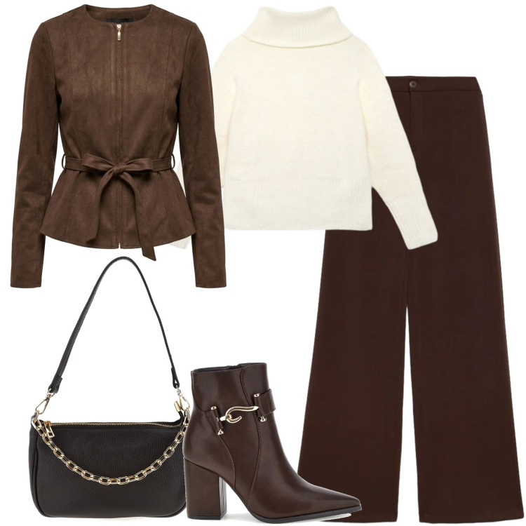 Outfit donna - Rich Espresso & Cream Warmth. Stile Casual chic per Tutti i giorni. Abbinamento con pantaloni a palazzo, pullovers, blazer, stivaletti, borse a mano.