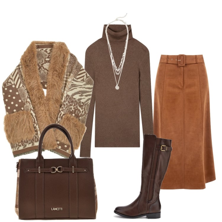 Outfit donna - In città. Stile Urban per Tutti i giorni. Abbinamento con collane, maglieria, gonne longuette, cappe, stivali sopra il ginocchio, shopping bag.