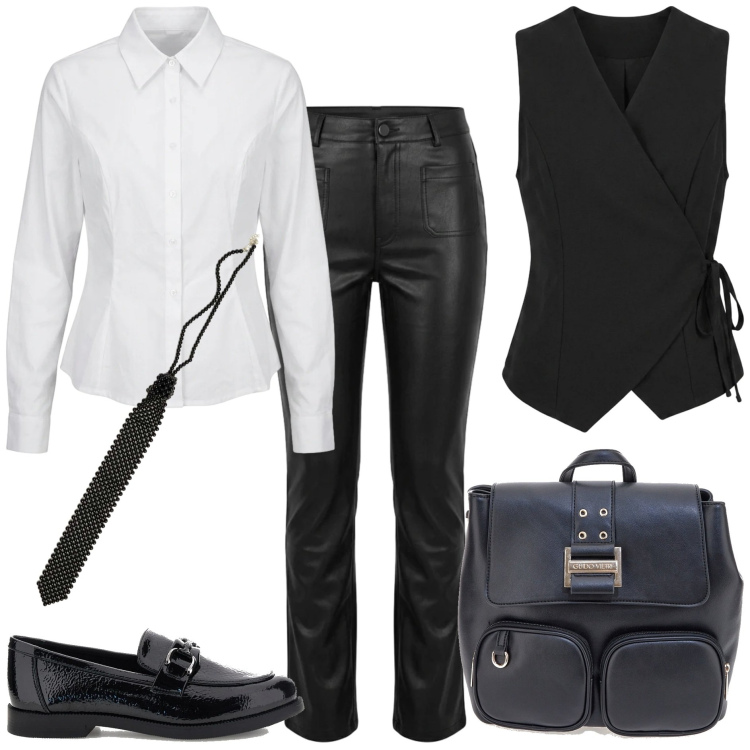 Outfit donna - Soft Leather - Mannish. Stile Mannish per Tutti i giorni. Abbinamento con gilet, camicie, pantaloni, collane, zaini, mocassini.