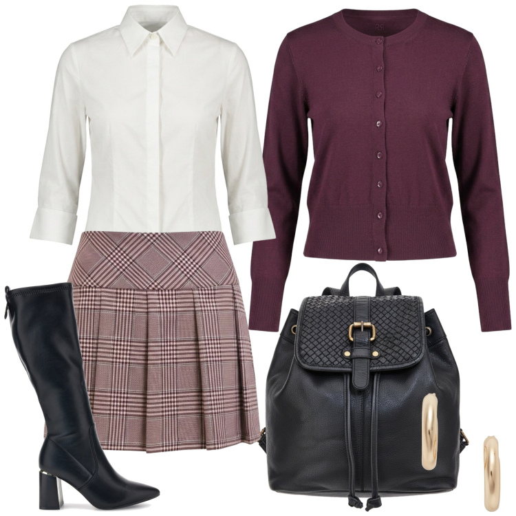 Outfit donna - Giornata in facoltà. Stile Preppy per Scuola/Università. Abbinamento con orecchini, cardigans, camicie, minigonne, zaini, stivali.