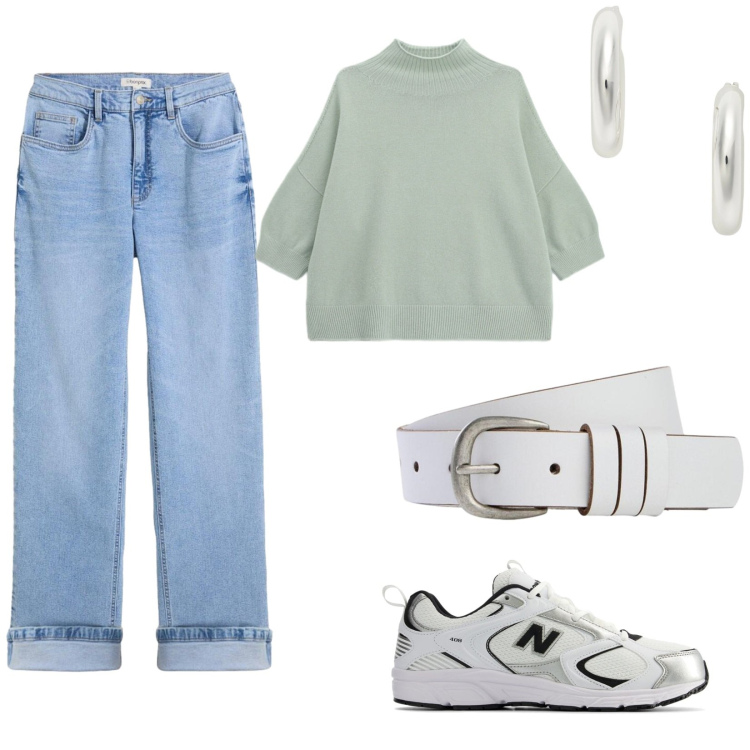 Outfit donna - Mezza stagione Pastel. Abbinamento con pullovers, orecchini, cinture, sneakers, jeans dritti.