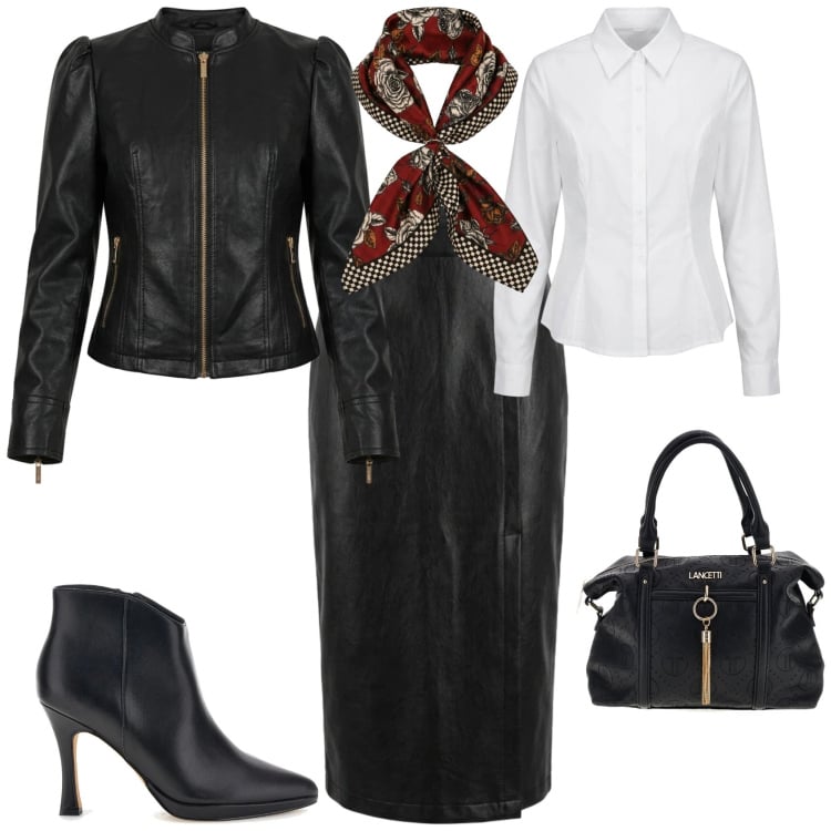 Outfit donna - Minimal rock e chic ufficio tempo libero. Stile Minimal per Ufficio. Abbinamento con foulard, gonne longuette, giacche, camicie, stivaletti, borse a mano.