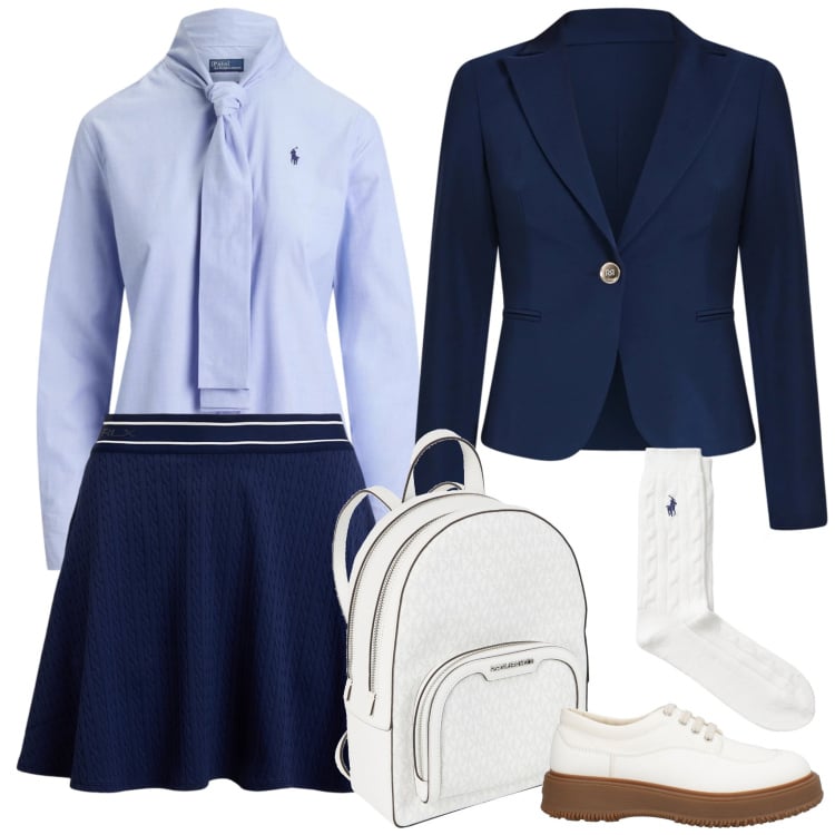 Outfit donna - Prima in ateneo e dopo a mensa. Stile Preppy per Scuola/Università. Abbinamento con zaini, scarpe stringate, blazer, calzini, minigonne, camicie.