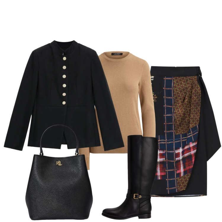 Outfit donna - Appuntamento con le amiche. Stile Glamour per Serata fuori. Abbinamento con gonne longuette, blazer, borse a secchiello, maglieria, stivali.
