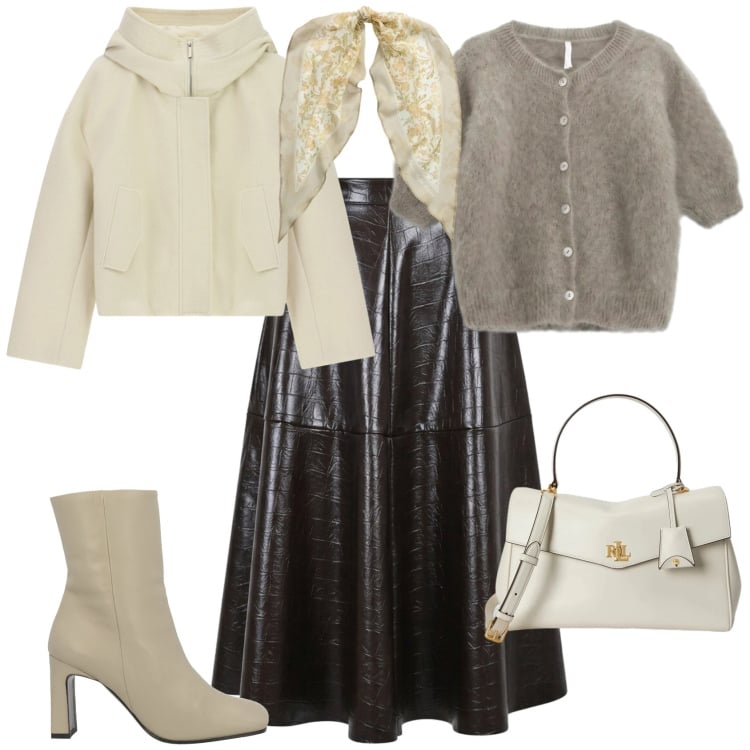 Outfit donna - Casual chic ufficio tempo libero. Stile Casual chic per Ufficio. Abbinamento con stivaletti, gonne longuette, cardigans, bomber, borse a mano, foulard.