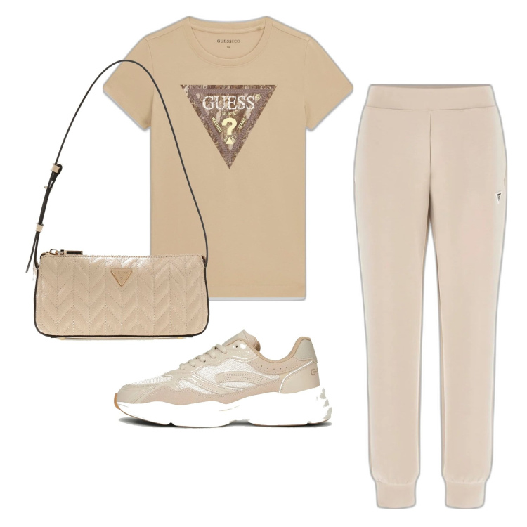 Outfit mujer - Casual. Estilo Casual para Todos los días. Combinación con sneakers, camiseta, pantalones, bandoleras.