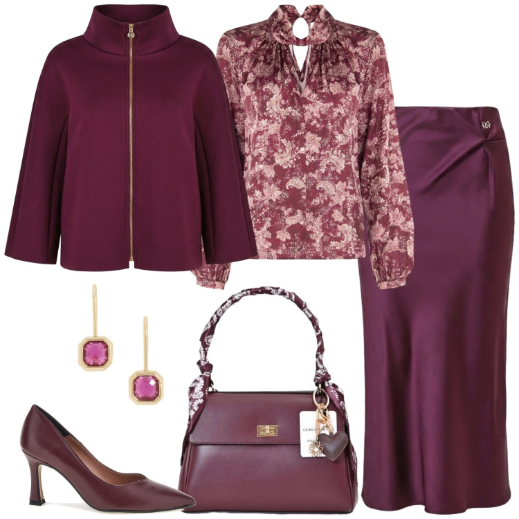 Outfit donna - Invito d'autunno. Stile Chic per Cerimonia. Abbinamento con orecchini, gonne longuette, cappotti, bluse, borse a mano, décolleté.