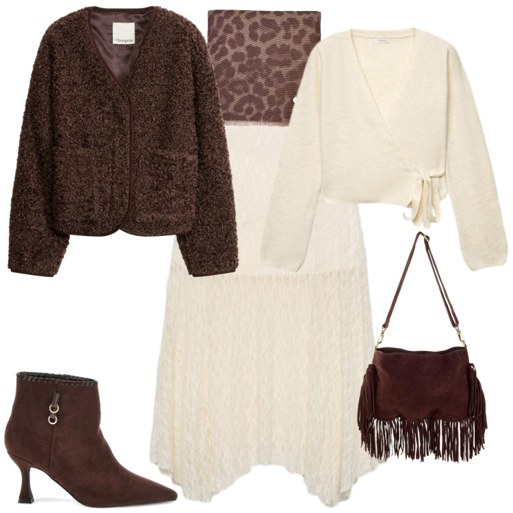 Outfit donna - Boho chic autunno in ufficio serata. Stile Boho per Ufficio. Abbinamento con sciarpe, gonne longuette, cardigans, blazer, borse a tracolla, stivaletti.