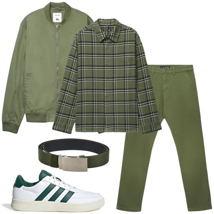 Outfit uomo - Total look #2484617. Stile Trendy per Tutti i giorni. Abbinamento con bomber, pantaloni chino, camicie, cinture, sneakers.
