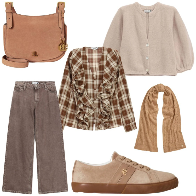 Outfit donna - delightfully sporty. Stile Casual chic per Ufficio. Abbinamento con jeans dritti, cardigans, camicie, sciarpe, sneakers, borse a tracolla.